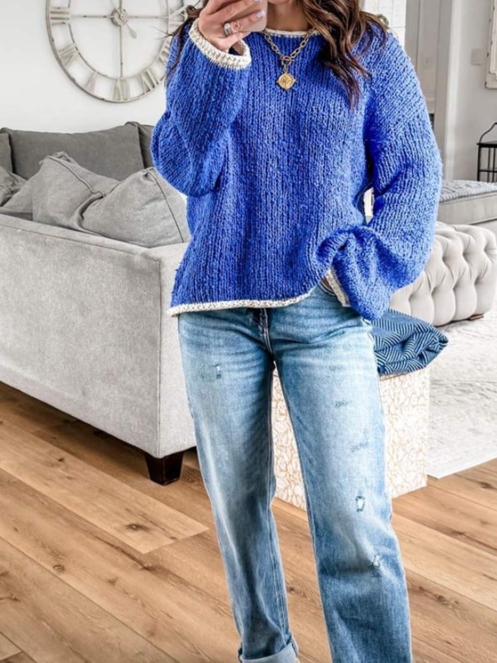By Together Royal Blue Crewneck Sweater with Cream Trim🌻